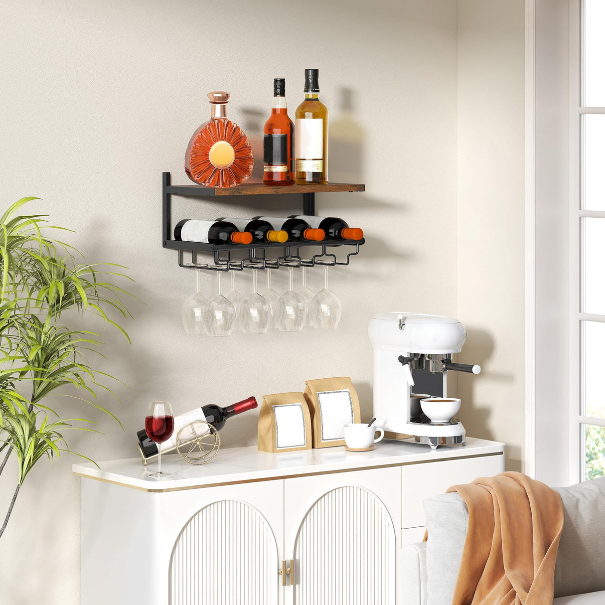 2 Tiers Wine Rack Wall Mounted with Wine Bottle Holder & Wine Glass Rack, Bar Shelves for liquor bottles, Hanging Wine Rack, Wine Storage Display Rack Shelf for Home Bar,Dining Room,Kitchen,Rustic Gewudraw