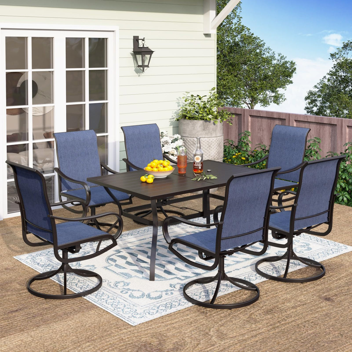 PHI VILLA 7 Piece Outdoor Patio Dining Set, Large Metal Table (1.57'' Umbrella Hole) and 6 Swivel Dining Chairs with Textilene Mesh Fabric, All Weather Patio Furniture Set for Deck Lawn Garden (Blue) PHI VILLA