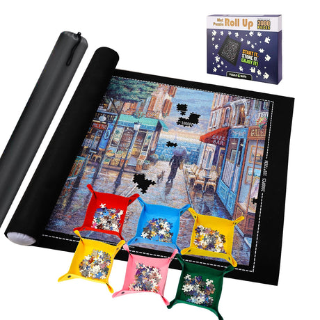 Pohxev Jigsaw Puzzle Mat Roll Up, 49” x 36” 3000 2000 1500 Pieces, Puzzle Mats Roll-Up Save Pad with 6 Leather Sorting Trays & 1 Storage Bag. Sheets and Frame Keeper Accessories for Adults Pohxev