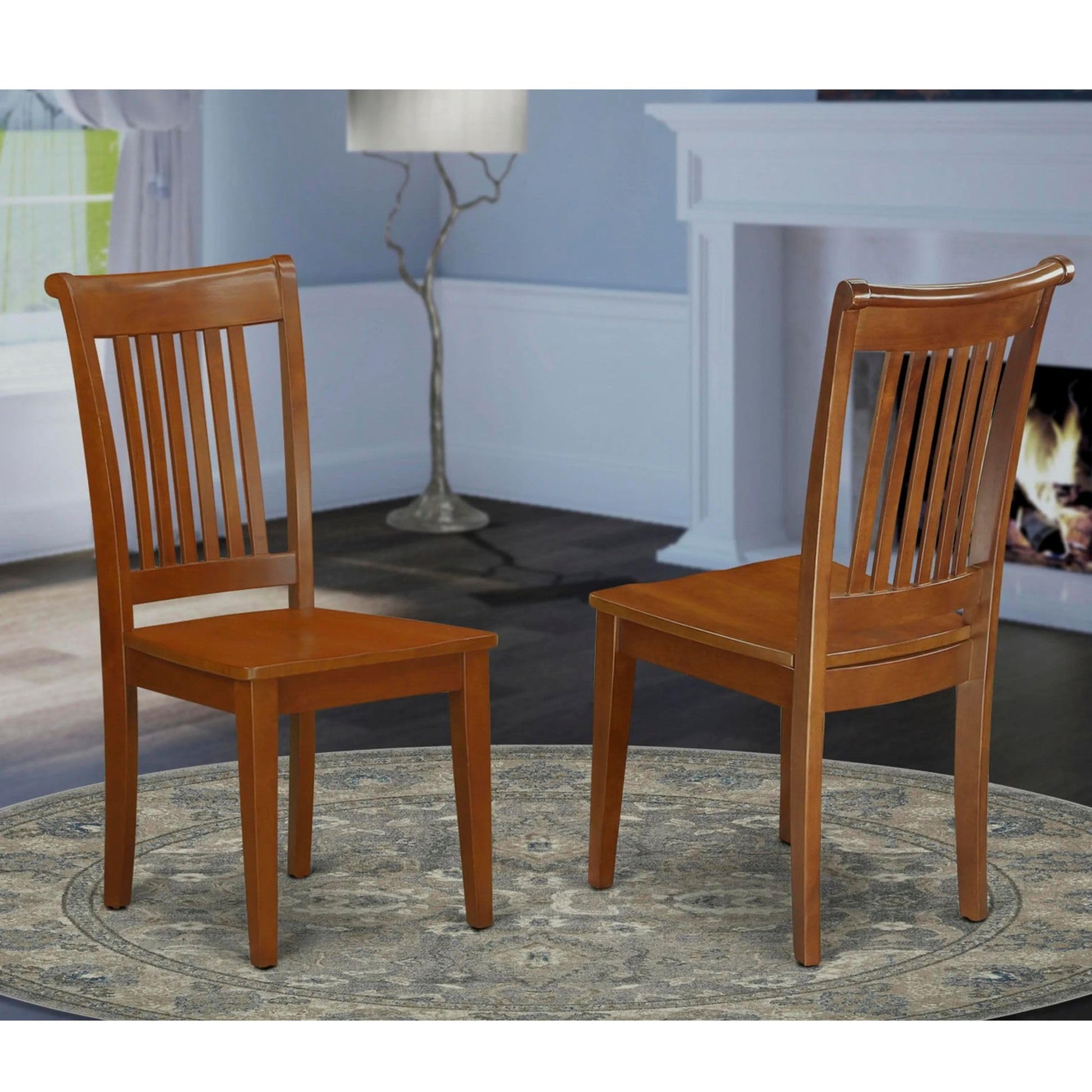 East West Furniture Portland Dining Room Slat Back Wood Seat Chairs, Set of 2, Saddle Brown - WoodArtSupply