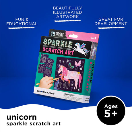 Crocodile Creek Unicorn Sparkle Scratch Art for Kids - 16-Sheet Scratch Art Set with 10 Themed Sheets, 5 Blank Sheets, Stencil, and Stylus - Thoughtful Stocking Stuffers, Gifts, Art Supplies for Kids Crocodile Creek