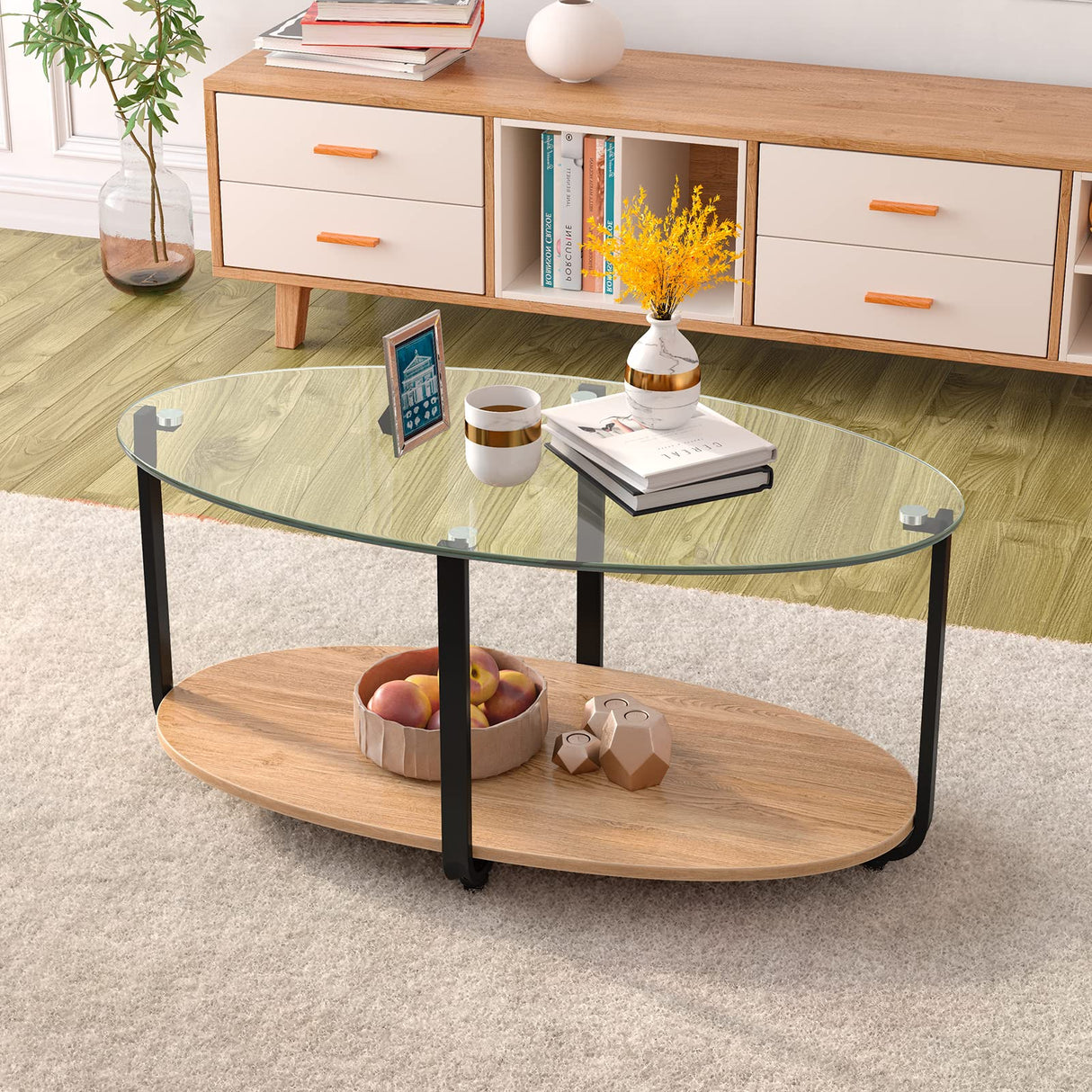 Tangkula Glass Coffee Table, 2 Tier Oval Tea Table with Tempered Glass Tabletop and Wooden Shelf, Modern Glass Sofa Center Table for Home Office, Metal Legs, Home Decor Accent Cocktail Table Tangkula