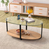 Tangkula Glass Coffee Table, 2 Tier Oval Tea Table with Tempered Glass Tabletop and Wooden Shelf, Modern Glass Sofa Center Table for Home Office, Metal Legs, Home Decor Accent Cocktail Table Tangkula
