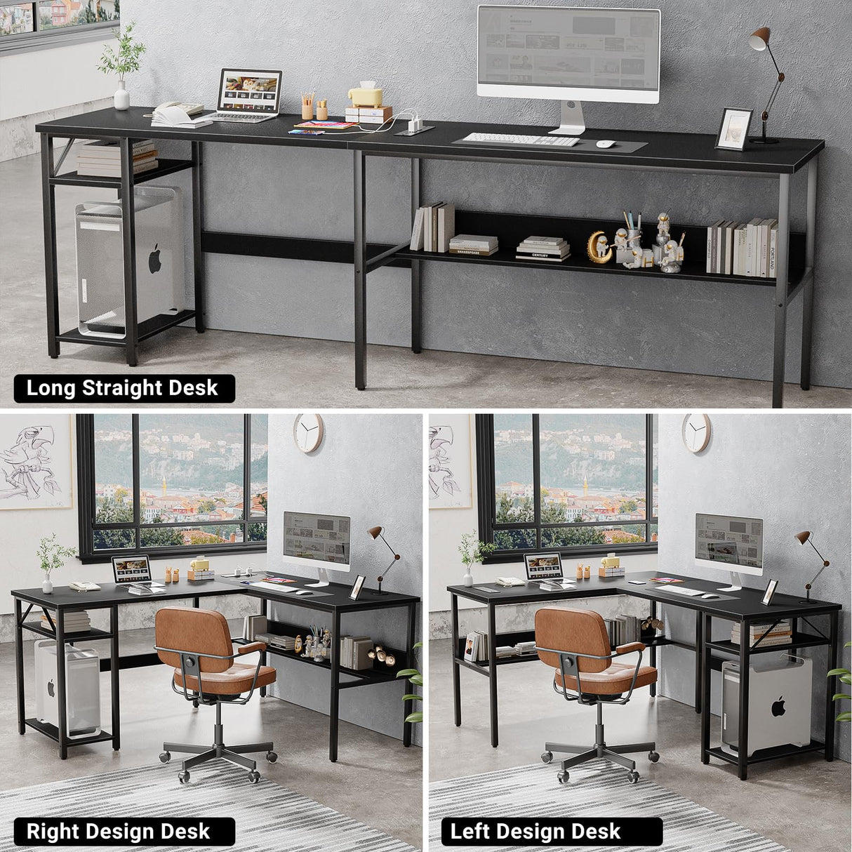 Unikito Reversible L Shaped Desk with Magic Power Outlets and USB Charging Ports, Sturdy Corner Computer Desk with Storage Shelves, Gaming Table Home Office Desk, Easy to Assemble, Black Unikito