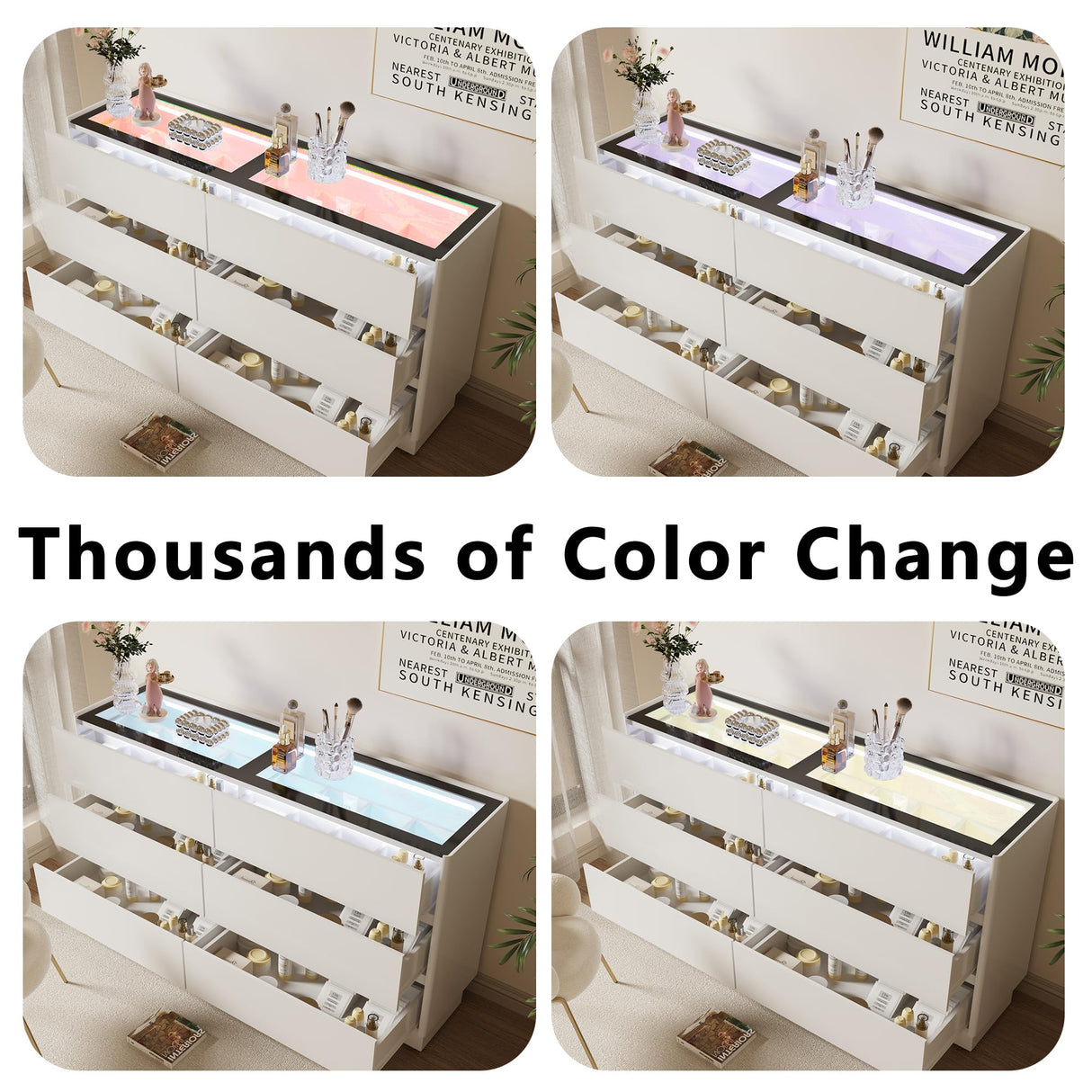 Alorksi 6 Drawer Dresser for Bedroom with Tempered Glass Top, Wide Modern Dresser Organizer with LED Lights, Chest of Drawers for Living Room, Entryway, White Alorksi