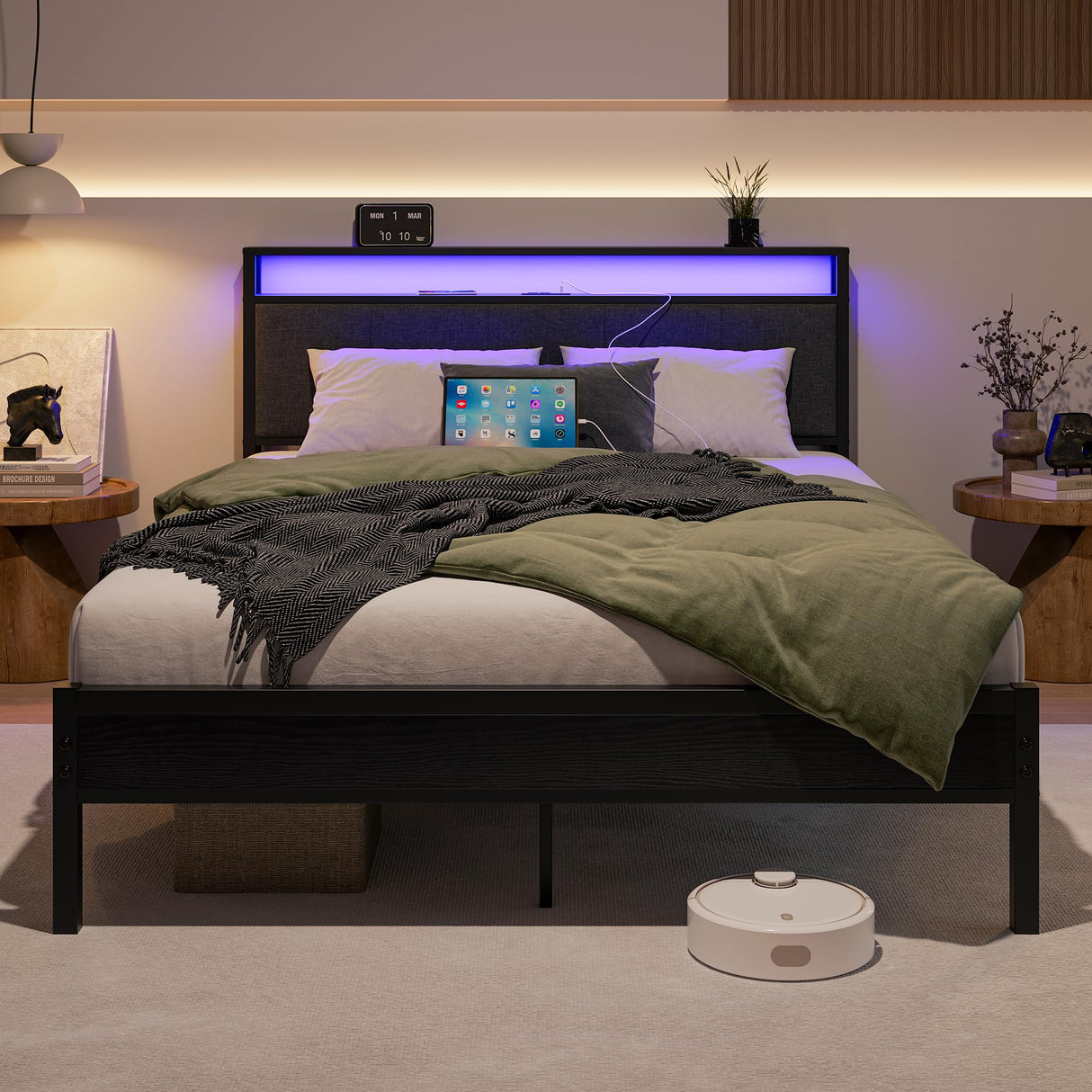 VECOCHO Queen Upholstered Bed Frame with Charging Station, LED Lights, and Headboard Storage - Dark Grey VECOCHO