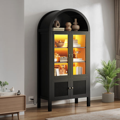 YITAHOME 71" Arched Cabinet Bookshelf Bookcase with LED Light/Wood Display Cabinet with Tempered Glass Doors and Adjustable Shelves/Kitchen Pantry with Storage for Living Room,Dining Room-Black YITAHOME