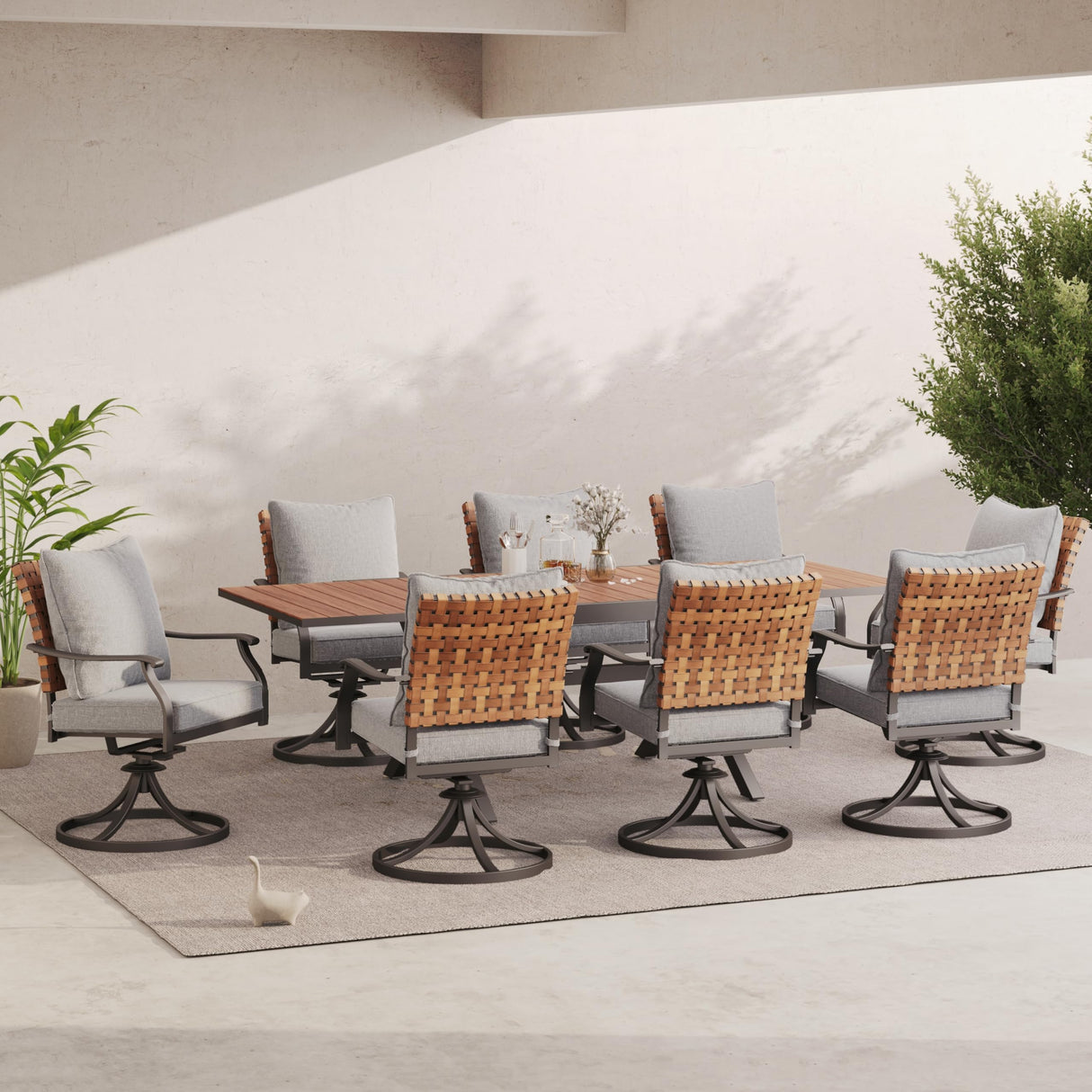 Grand patio 9-Piece Outdoor Dining Set, 8 Leather-Look Wicker Swivel Patio Chairs & 1 Extendable Rectangular Dining Table, Brown Grand patio