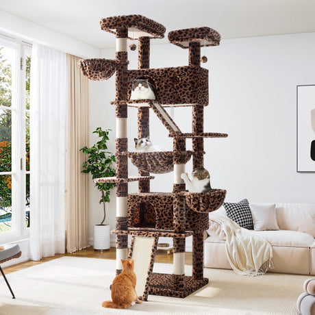 Allewie 81 Inches Tall Cat Tree/Multi-Level Large Climbing Tree House and Towers for Big Feline/Condo and Hammock/Scratching Post/Wide Base/Leopard Print Allewie