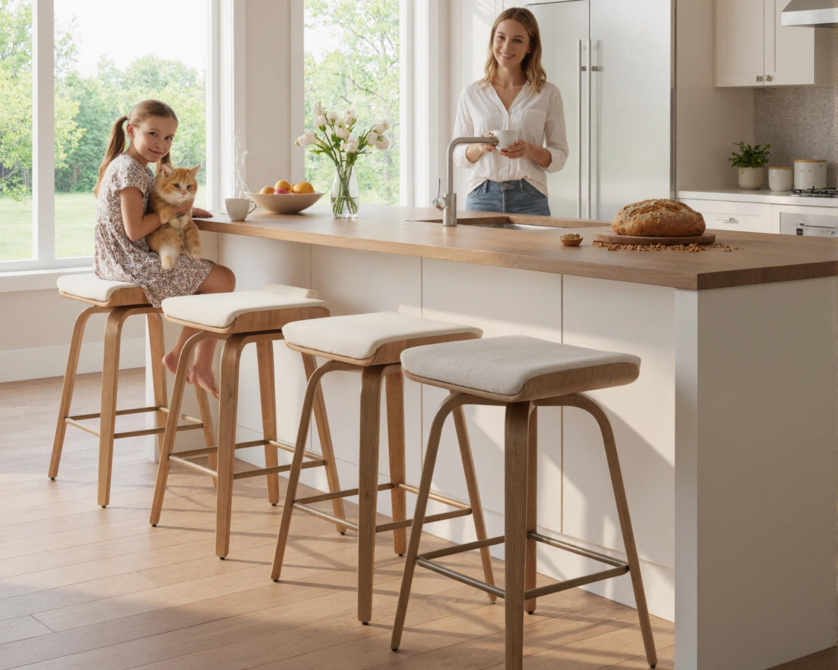 26’’ Swivel Counter Stools Counter Height Bar Stools Set of 2, Rustic Farmhouse Backless Swivel Bar Stools Beige Linen Cushion Bar Height Chairs with Footrest, Modern Wood Barstools for Kitchen Island HNY