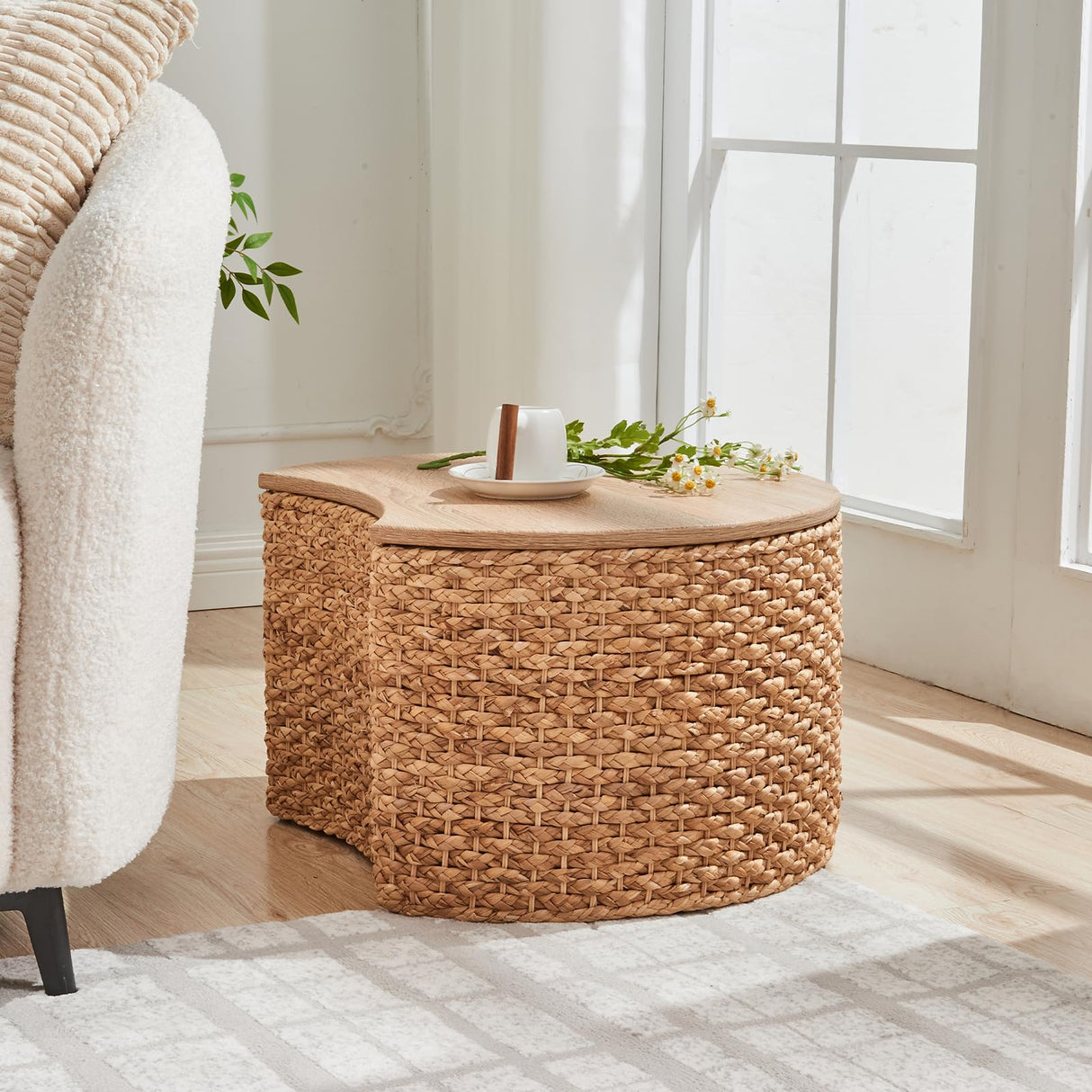 Giofanzo Round Nesting Coffee Table Set of 2 with Storage - Handwoven Wicker Rattan Ottoman Style, Boho Coastal Coffee Tables for Living Room, Rattan Coffee Table with Cushion Base & Solid Wood Cover Giofanzo