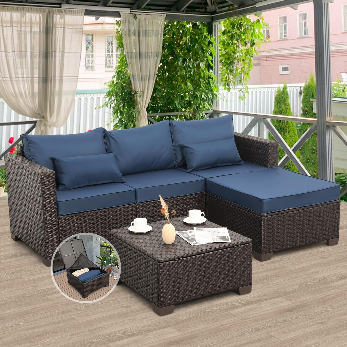 Patio Furniture Set 3 Pieces Outdoor Sectional Sofa Set Wicker Patio Furniture Outdoor Couch Outdoor Ottoman Coffee Table with Storage All-Weather Anti-Slip Cushions Waterproof Covers, Navy Blue Rattan Star