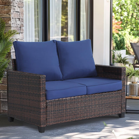 EortheX Outdoor Patio Loveseat,All-Weather Wicker Loveseat with Cushions – Rattan Outdoor 2 Person Sofa Furniture for Garden, Balcony, and Deck,Sectional Patio Love seat Sofa Set - Blue EortheX outdoor fancy
