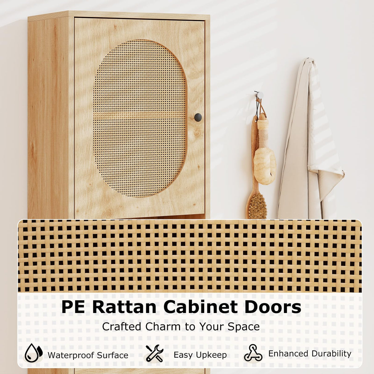 Tangkula 67" Tall Bathroom Storage Cabinet, Narrow Rattan Linen Tower with Doors, Adjustable Shelves & Drawer, Freestanding Floor Cabinet for Living Room, Kitchen, Dining Room, Office, Natural Tangkula