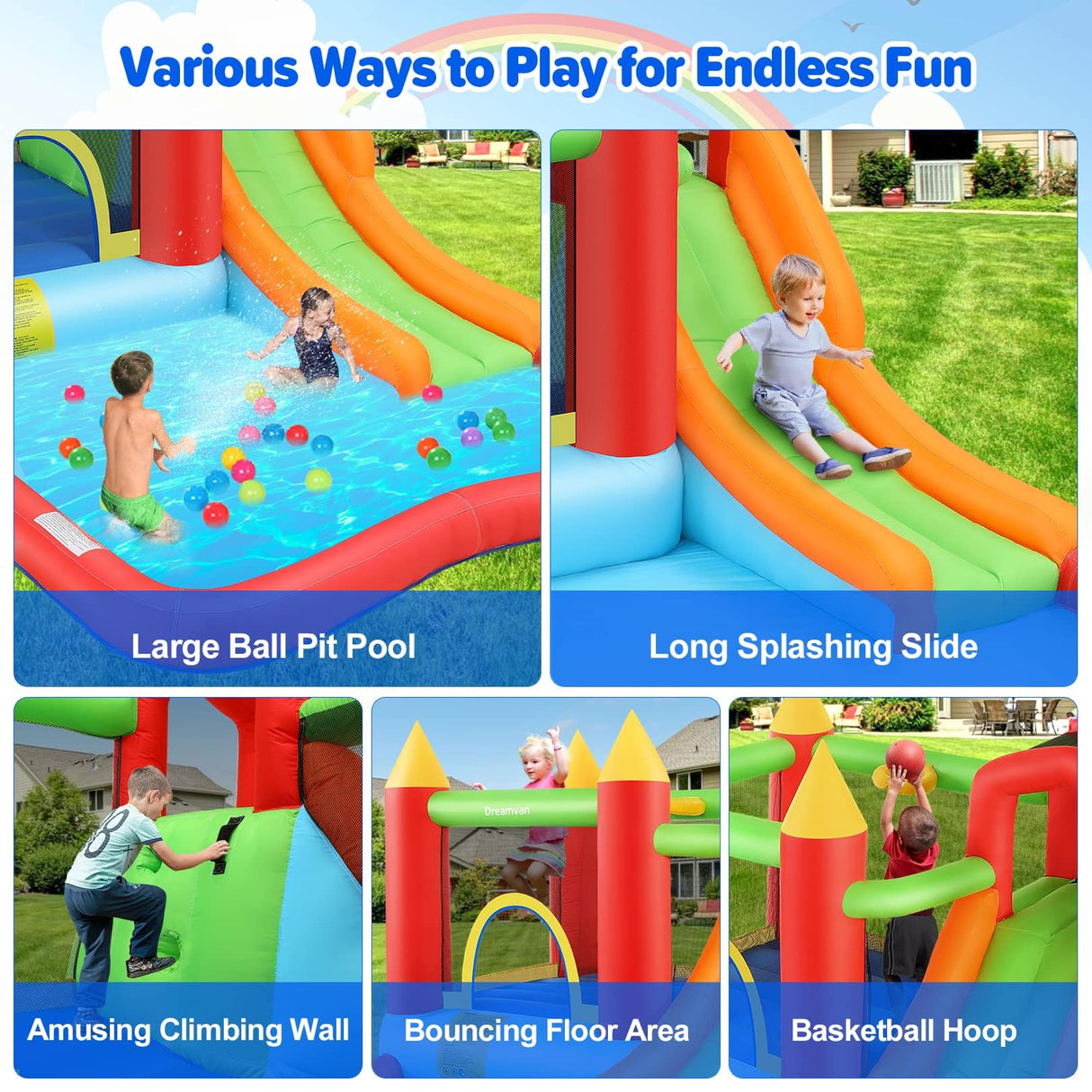 AKEYDIY Inflatable Bounce House for Kids, Fun Jumping Area with Basketball Hoop, Large Pool, Long Slide with Climbing Wall Bouncy House with Air Blower Outdoor Backyard AKEYDIY