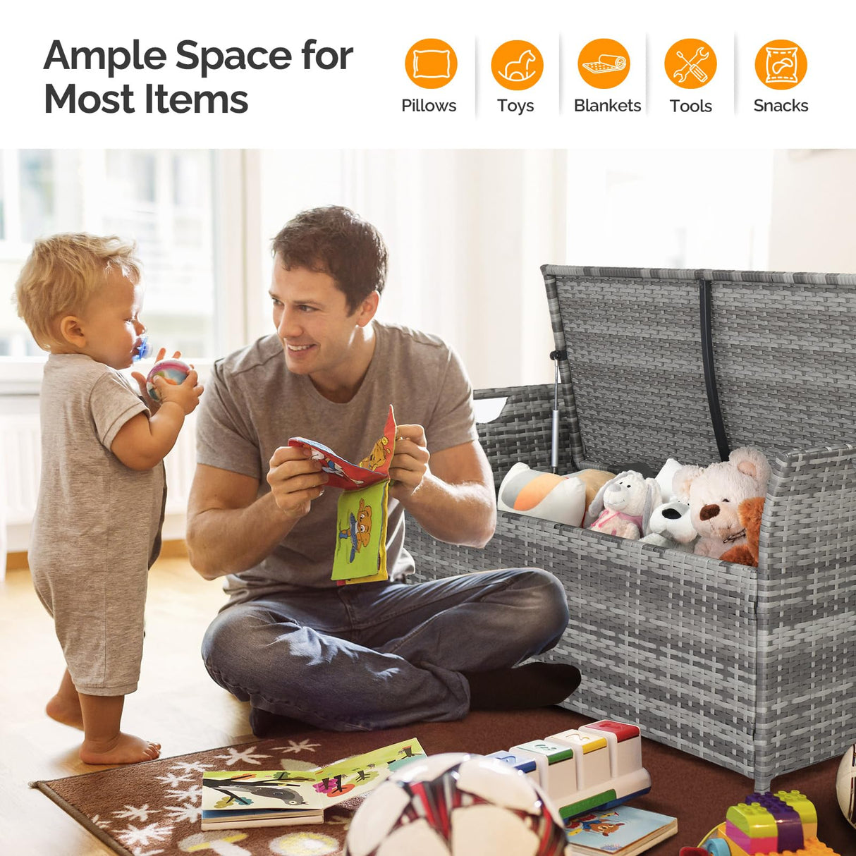 VINGLI 40 Gallon Outdoor Storage Bench with Cushion, Rattan Storage Box, Patio Wicker Deck Box with Seat for Garden | Balcony | Porch | Pool | Yard (Grey Frame + Light Grey Cushion) VINGLI