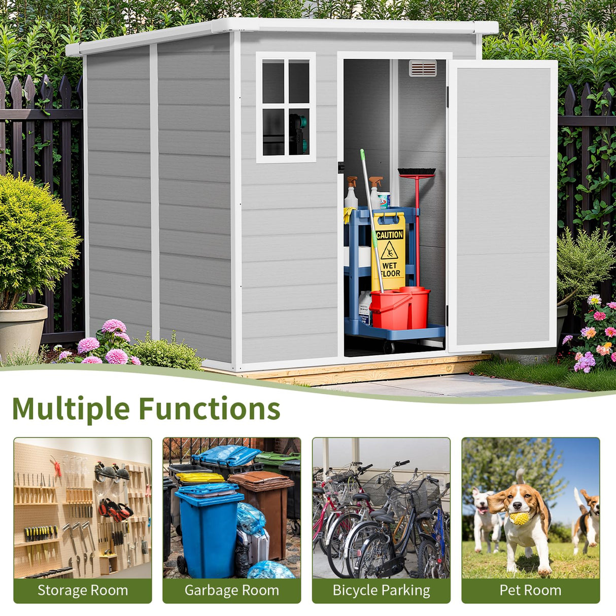 Osparple 6x6 FT Gray Resin Garden Storage Shed - Waterproof Outdoor Storage Resin Shed with Floor | Lockable Door, Window & Vents Tool Sheds for Bikes, Tools & Patio,Backyard,Lawn Osparple