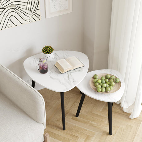 BAMEOS Bamboo Nesting Triangle End Table,Set of 2 Coffee Table Modern Minimalist Side Table for Living Room (Marble White) BAMEOS