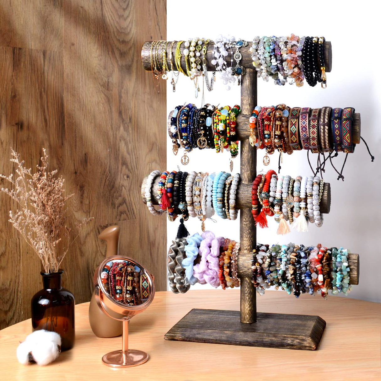 LadyRosian 4 Tier Wooden Display Jewelry Accessory Stand Bracelet Holder Bangle Watch Necklace Storage Stand Organizer, Brown LadyRosian