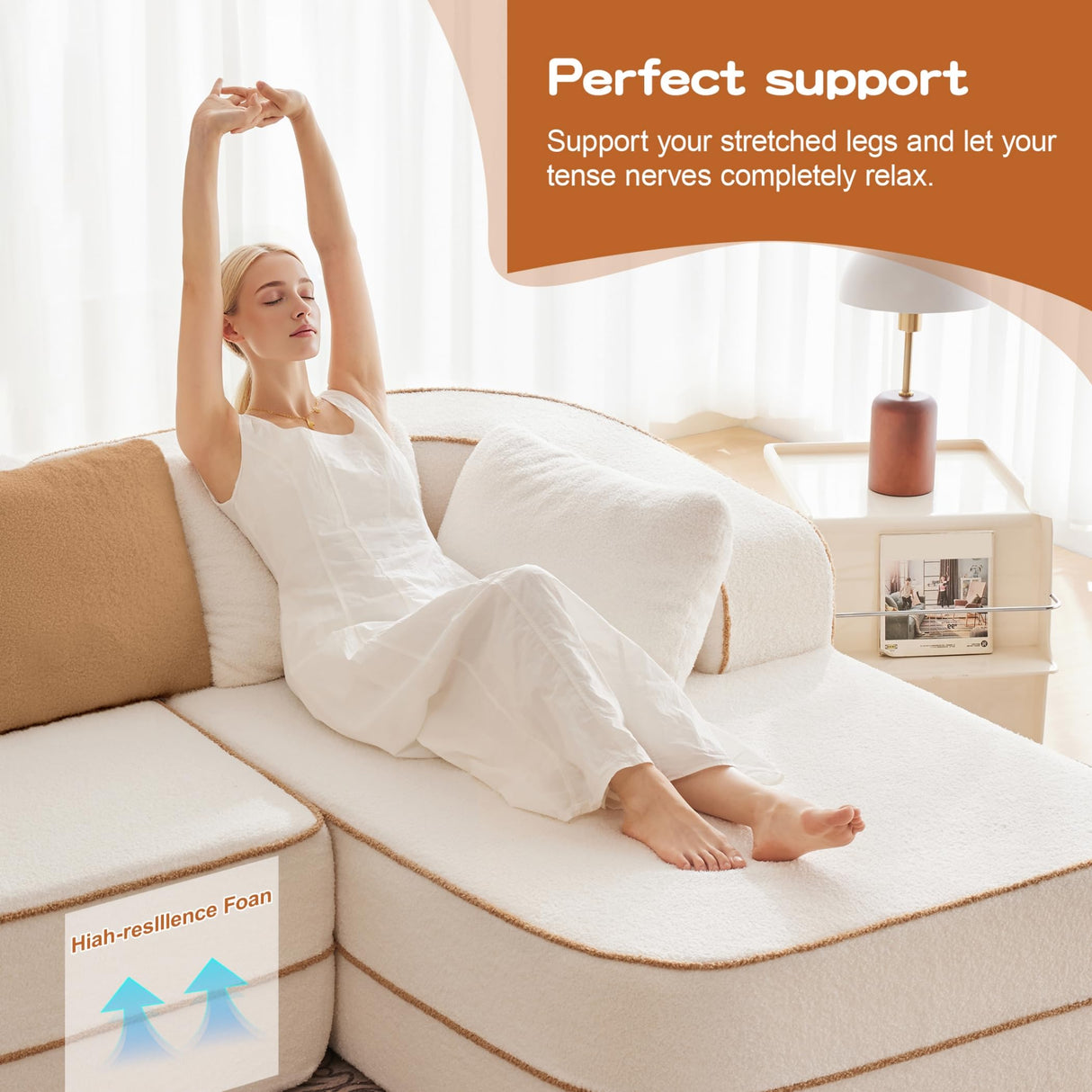 Zylena 106" 3-Seat Teddy Fabric No Assembly 32D High Density Sponge Boneless Sofa, Fluffy Comfy Couch with L-Shaped Chaise, for Living Room, White Zylena