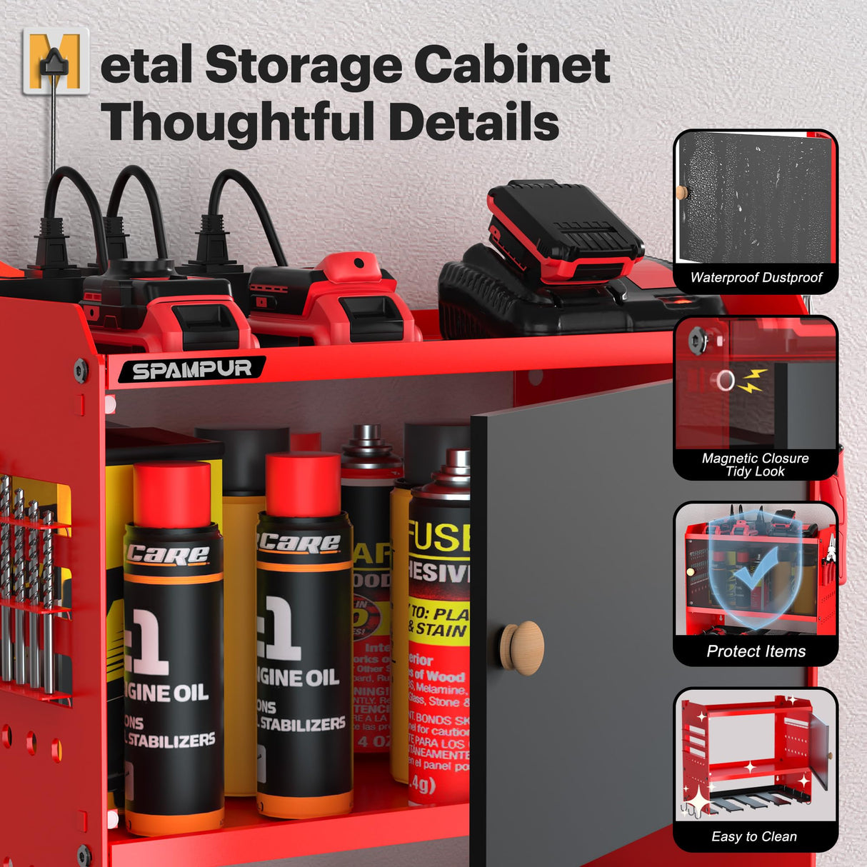 Spampur Power Tool Organizer Wall Mount with Charging Station,Garage Metal Cabinet 15 Min Quick Assembly & Max 150lb load with 6 Outlet Power Strip, 8 Slots Cordless Drill for Workshop/Shed/Tool Room Spampur