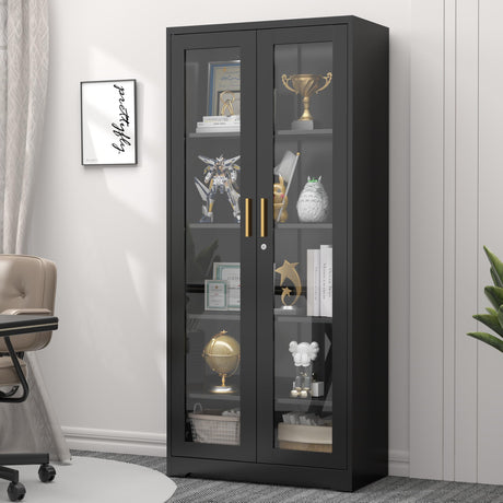 SteeLoong 71" Glass Display Cabinet with Lock,Curio Cabinet with Glass Doors, Metal Display Case with 4 Adjustable Shelves, Black Bookcase Locking Storage Cabinets for,Liquor,Commercial SteeLoong
