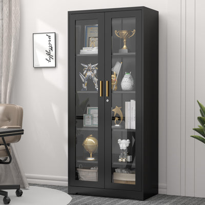 SteeLoong 71" Glass Display Cabinet with Lock,Curio Cabinet with Glass Doors, Metal Display Case with 4 Adjustable Shelves, Black Bookcase Locking Storage Cabinets for,Liquor,Commercial