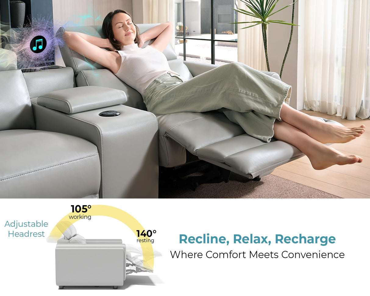 Jocisland Dual Power Recliner, Oversized 5-Seater Sofa with Console, 3 Bluetooth Speakers & Hidden Storage, Modern L Shaped Reclining Couch with 6 Charging Ports - Light Gray Leathaire Jocisland
