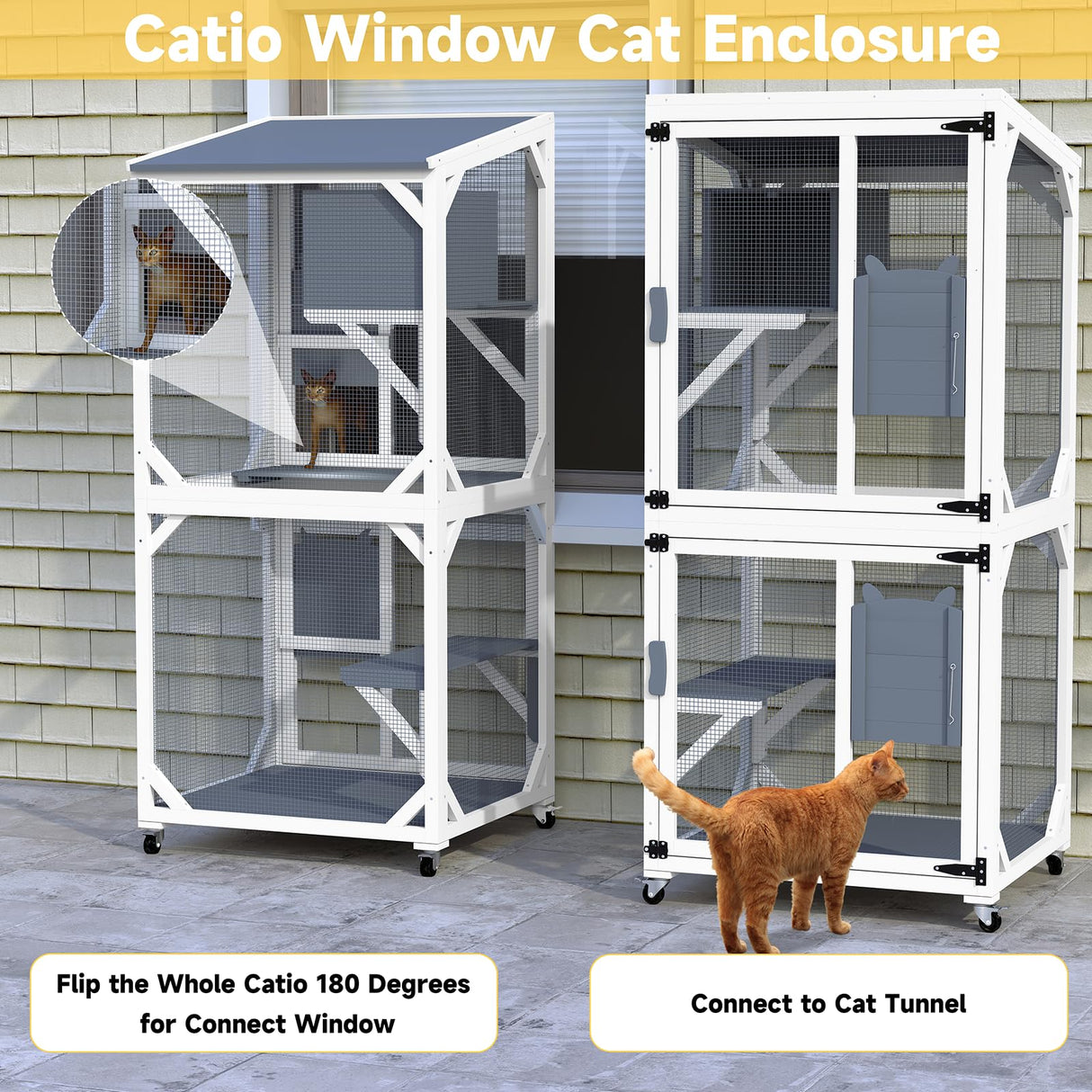 Yafylly Catio Outdoor Cat Enclosure, Cat Condo for Patio, Wooden Movable Cats Cage with 4 Wheels, Outside Cats House Weatherproof, Cats Condo Outdoor with 3 Platforms Yafylly