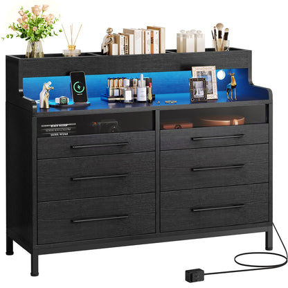 YITAHOME 6 Drawer Dressers & Chests of Drawers with LED Light, Modern Dresser with Open Shelf Storage for Room, Entryway, Hallway, Black - WoodArtSupply