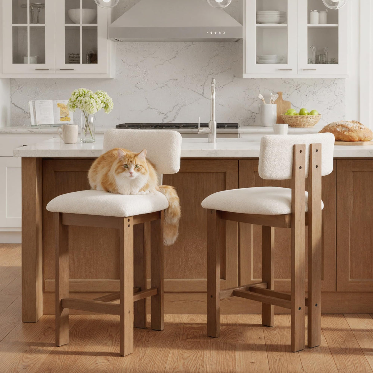 HNY 26 Inch Farmhouse Counter Stools Set of 4 with Curved Back, Modern Sherpa Boucle Upholstered Counter Height Bar Stools, Tall Kitchen Bar Chairs with Solid Wood Frame for Island Countertop, White HNY