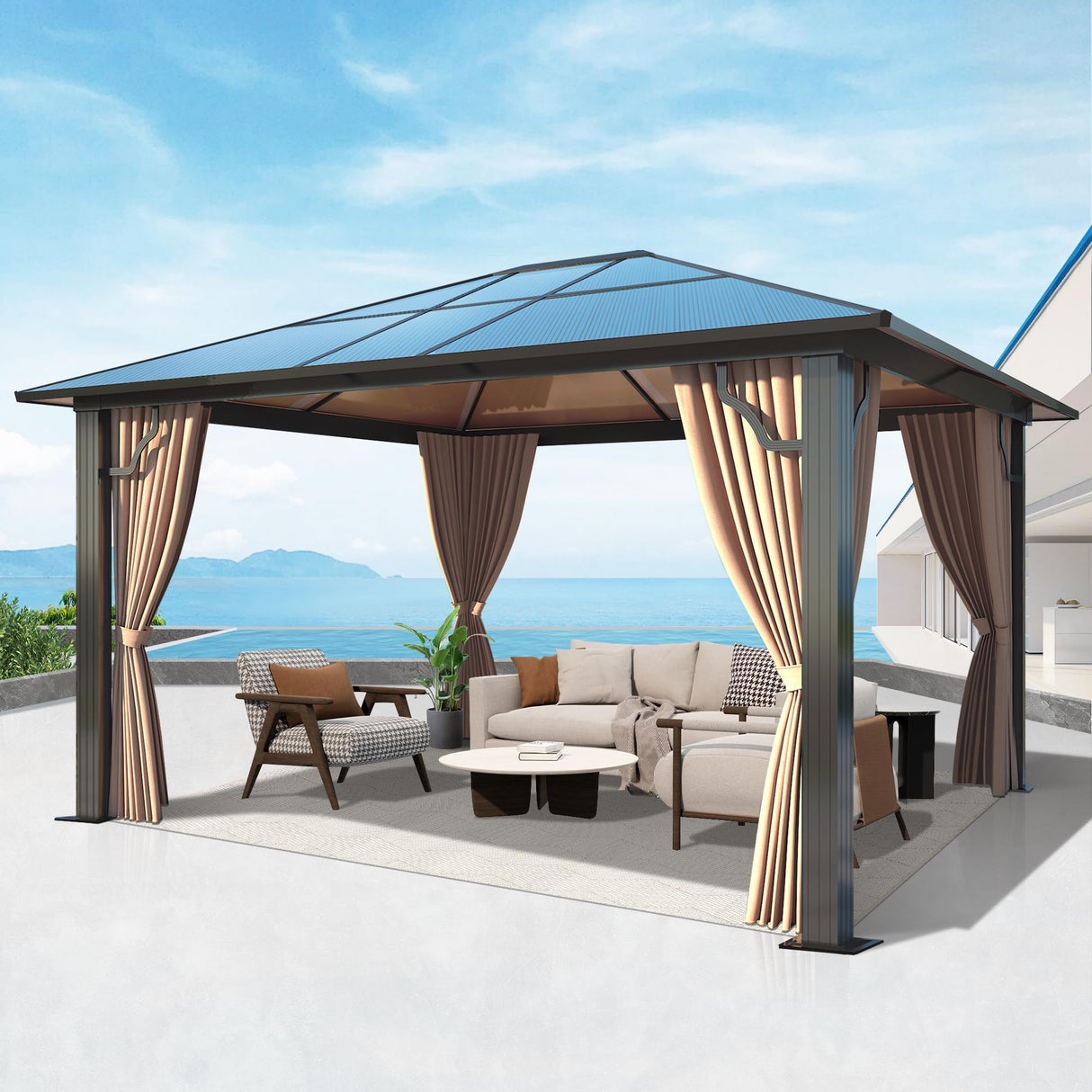 Raysfung 10'x12' Hardtop Gazebo, Outdoor Polycarbonate Roof Gazebo with Aluminum Frame Permanent Pavilion with Netting& Curtains for Garden, Patio,Yard Raysfung