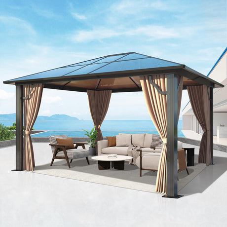 Raysfung 10'x12' Hardtop Gazebo, Outdoor Polycarbonate Roof Gazebo with Aluminum Frame Permanent Pavilion with Netting& Curtains for Garden, Patio,Yard Raysfung