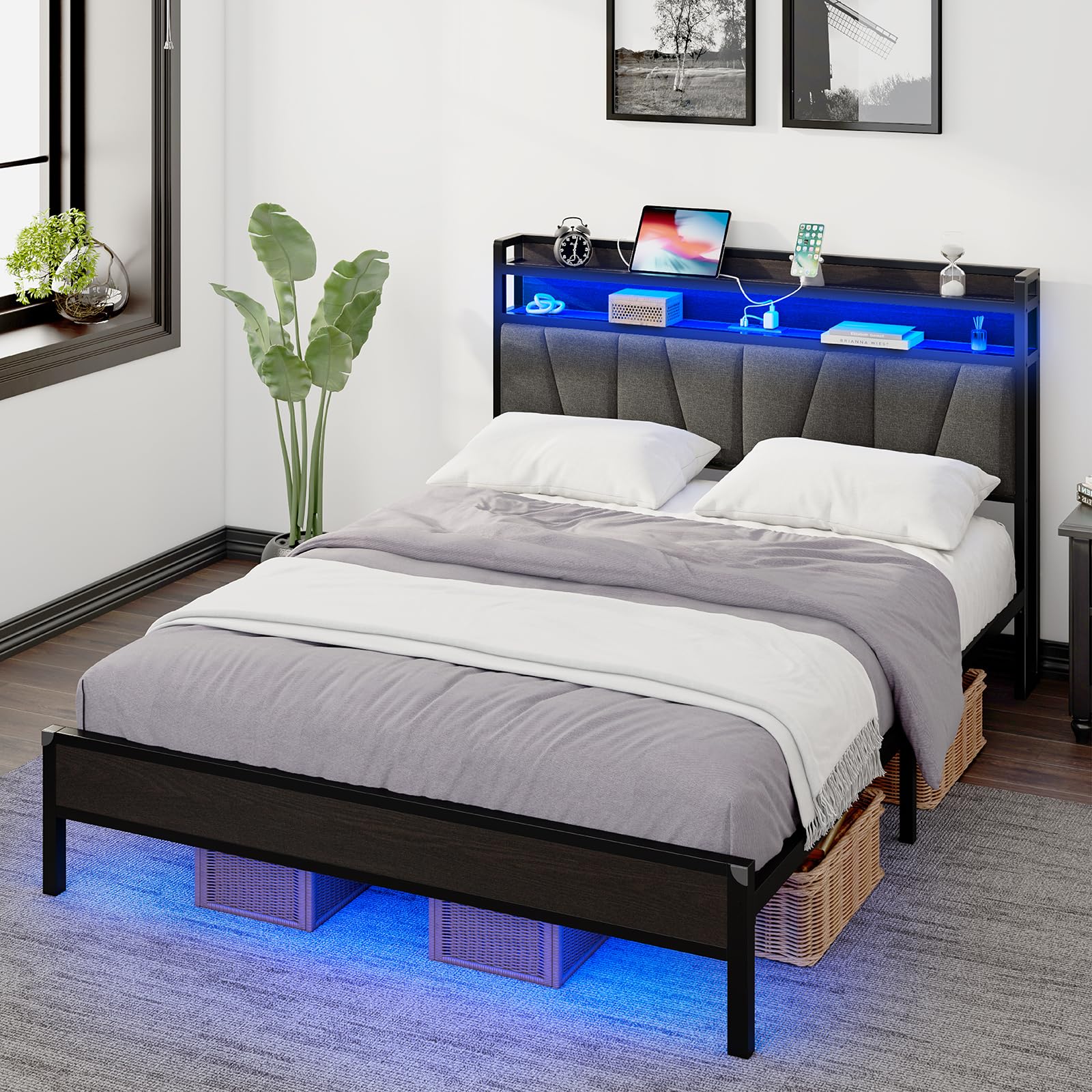 AMERLIFE King Size LED Bed Frame with RGB Lights, Charging Station & Storage Headboard, Black - WoodArtSupply