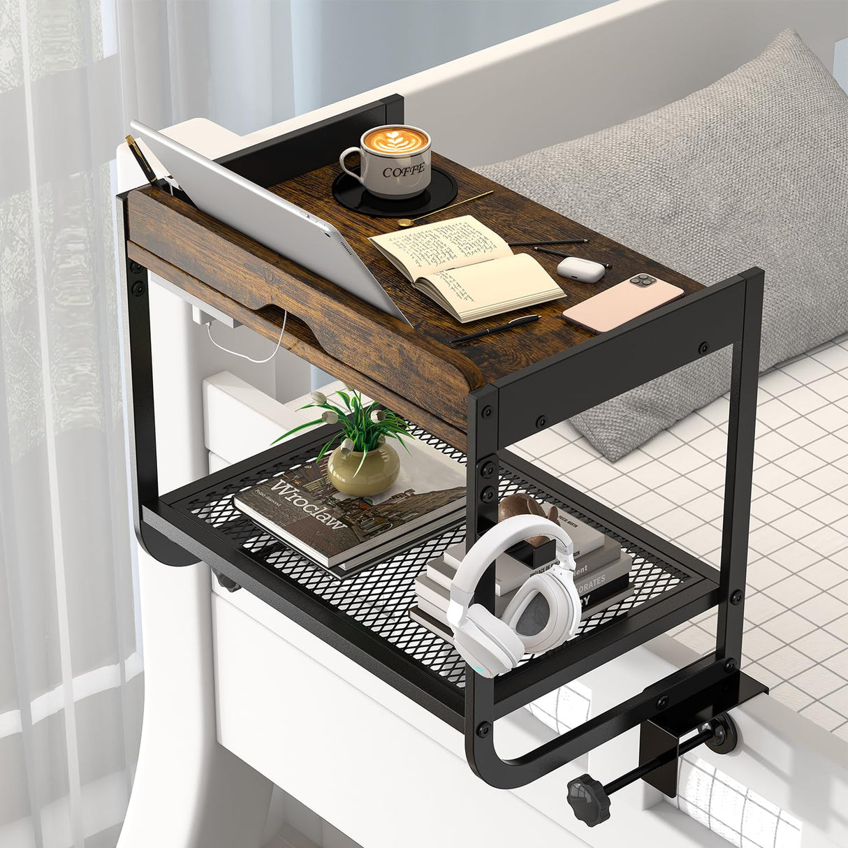 CAORE 2 Tier Bedside Shelf, Loft&Bunk Bed Table, Clip-On Nightstand for Small Spaces,College Dorm Essentials,Bunk Bed Shelf for Storing Water/Books/Tablets（Brown） CAORE