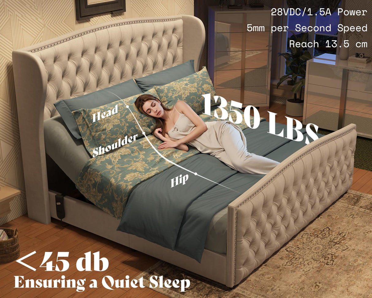 AMERLIFE King Size Adjustable Bed Frame with 51" H Velvet Upholstered and Deep Button Tufted Headboard, Electric Bed with Dual Motor/Nailhead Trim Wingback, No Box Spring Needed, Cream AMERLIFE