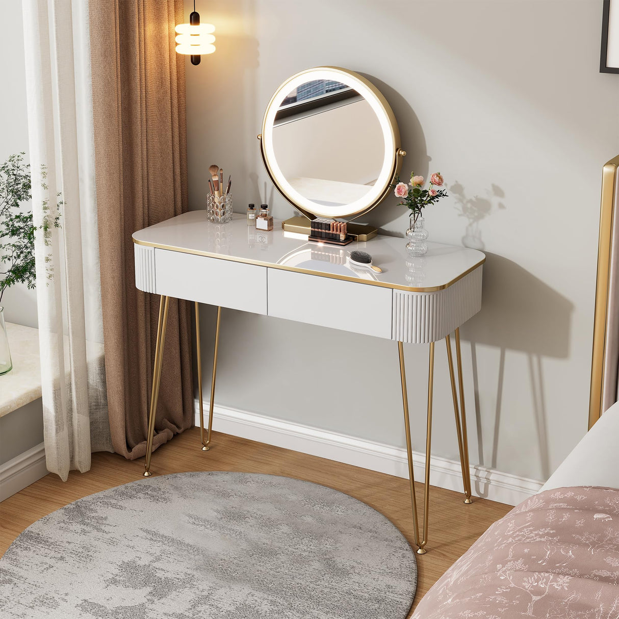KDCAS Modern Vanity Desk with Mirror and Lights, 39" White and Gold Makeup Vanity Table with 2 Storage Drawers, Stylish Gold Dressing Table for Small Spaces & Bedroom KDCAS