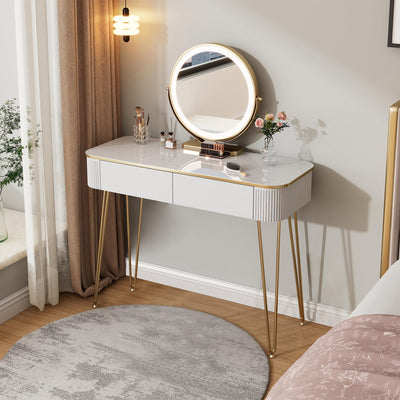 KDCAS Modern Vanity Desk with Mirror and Lights, 39" White and Gold Makeup Vanity Table with 2 Storage Drawers, Stylish Gold Dressing Table for Small Spaces & Bedroom