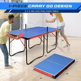 SereneLife Midsize Portable Ping Pong Table Set with Net, Clipper, Post - 6’ x 3’ Foldable Space-Saving Design, Blue SereneLife