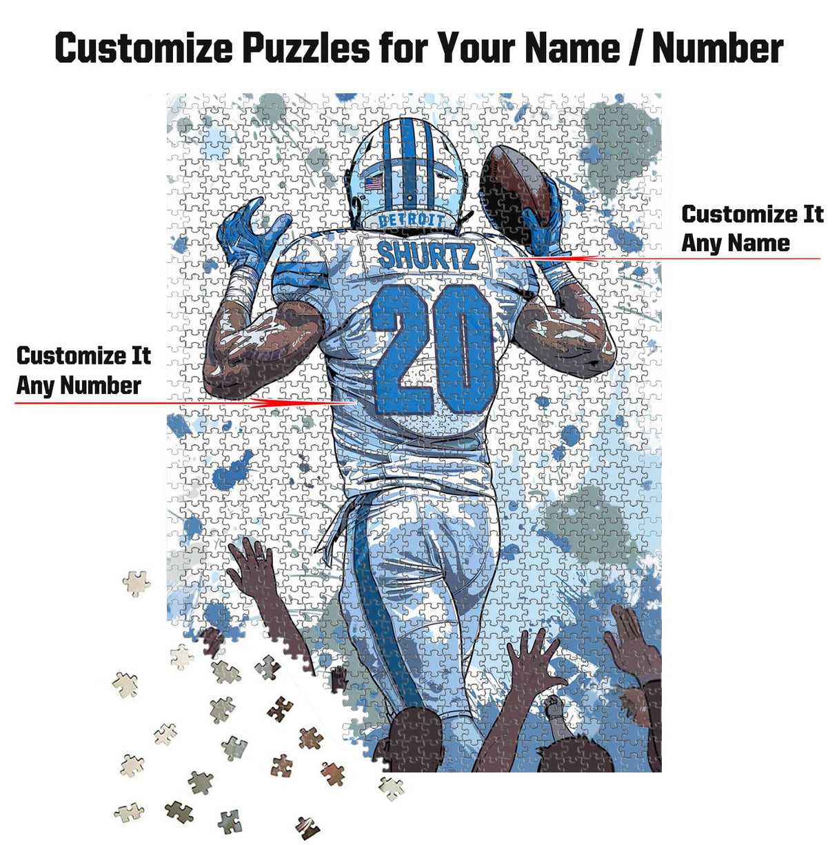 Becapeo Wooden Jigsaw Puzzles for Adults - Custom Name and Number on (Detroit) Football Player Back - 300 500 1000PCS Puzzles Game Becapeo