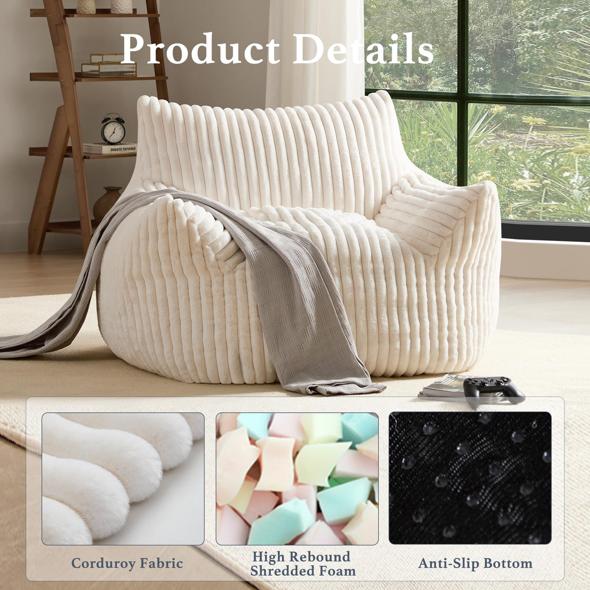 Giant Plush Bean Bag Chair for Adults with Armrests - Oversized Comfy Beige Beanbag Lounge Lazy Floor Sofa Accent Chair for Living Room, Bedroom & Dorm, Cozy Fluffy Single Cloud Mini Couch Gericco