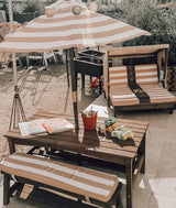 KidKraft Wooden Outdoor Double Chaise Lounge with Cup Holders, Patio Furniture for Kids or Pets, Espresso with Oatmeal and White Striped Fabric KidKraft