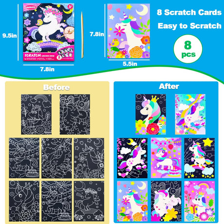 JUNQIU Scratch Art for Kids, Unicorns Black Rainbow Scratch Art Paper Set-Arts and Crafts & Supplies, DIY Activity & Party Games, Gifts for Toddlers, Girls & Boys Ages 3, 4, 5, 6, 7, 8 JUNQIU US