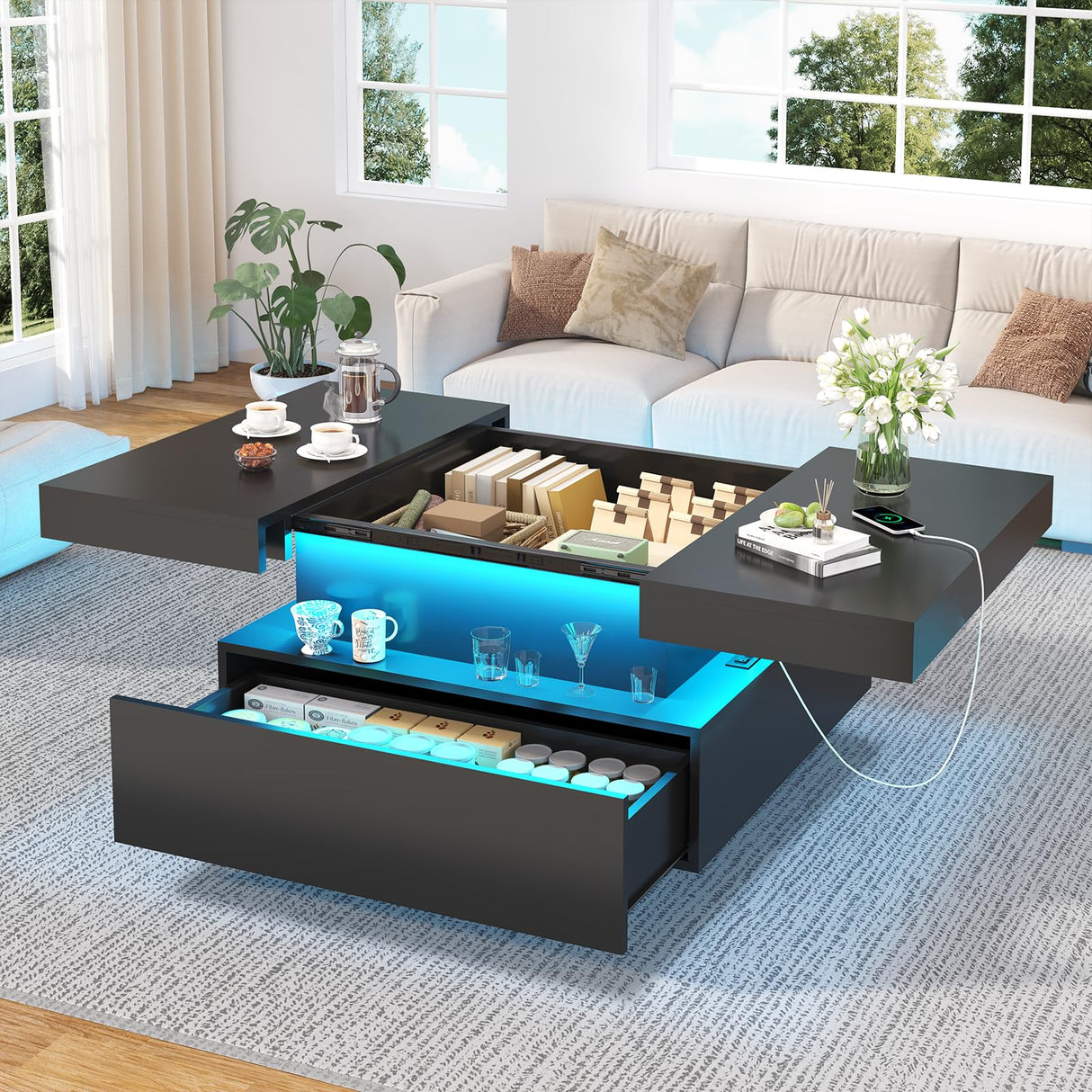 31.5" Square Coffee Table with Sliding Top and Charging Station, Black Coffee Tables with LED Lights and Storage Drawer for Living Room, Modern Center Table with Hidden Compartment, Cabinet Gacfiew
