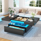 31.5" Square Coffee Table with Sliding Top and Charging Station, Black Coffee Tables with LED Lights and Storage Drawer for Living Room, Modern Center Table with Hidden Compartment, Cabinet Gacfiew