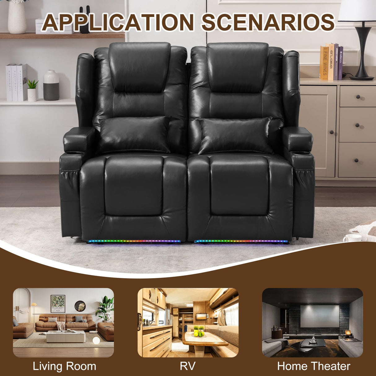 DRMBOOK RV Power Loveseat Recliner Sofa, Leather Double Wall Hugger Reclining Sofa, Home Theater Seating Chair with Cup Holders, 2 Person Couch RV Furniture for Living Room, Black DRMBOOK