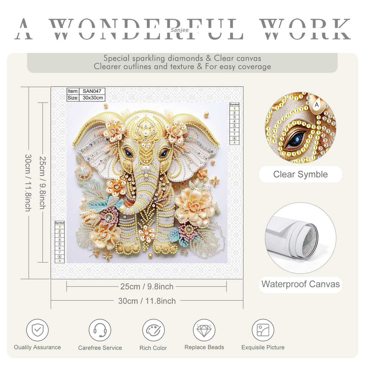 Sanjee 5D Special Shape Diamond Art Kits for Beginners, Elephant Diamond Painting Kits for Adults, Crystal Rhinestones Diamond Painting for Home Wall Decoration Gift, 12×12inch Sanjee