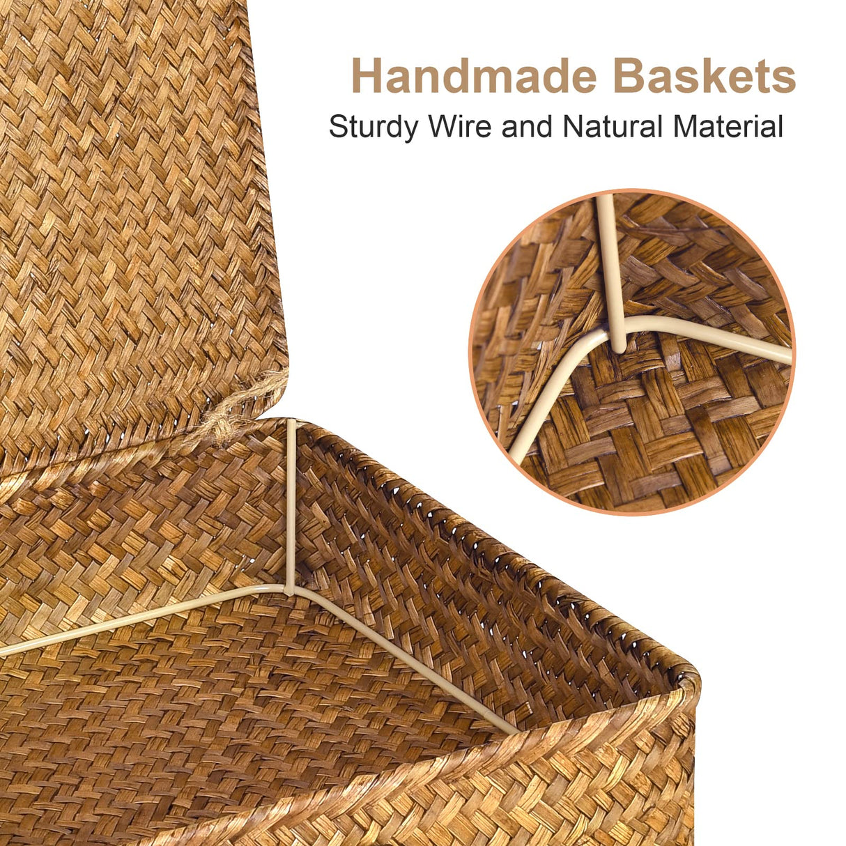 FOSSORH Set of 2 Flat Seagrass Storage Bins with Lid Wicker Storage Baskets for Organizing, Woven Shelf Organizer Bins Home Utility Organizer Box for Home & Office Supplies (Caramel) FOSSORH