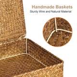 FOSSORH Set of 2 Flat Seagrass Storage Bins with Lid Wicker Storage Baskets for Organizing, Woven Shelf Organizer Bins Home Utility Organizer Box for Home & Office Supplies (Caramel) FOSSORH