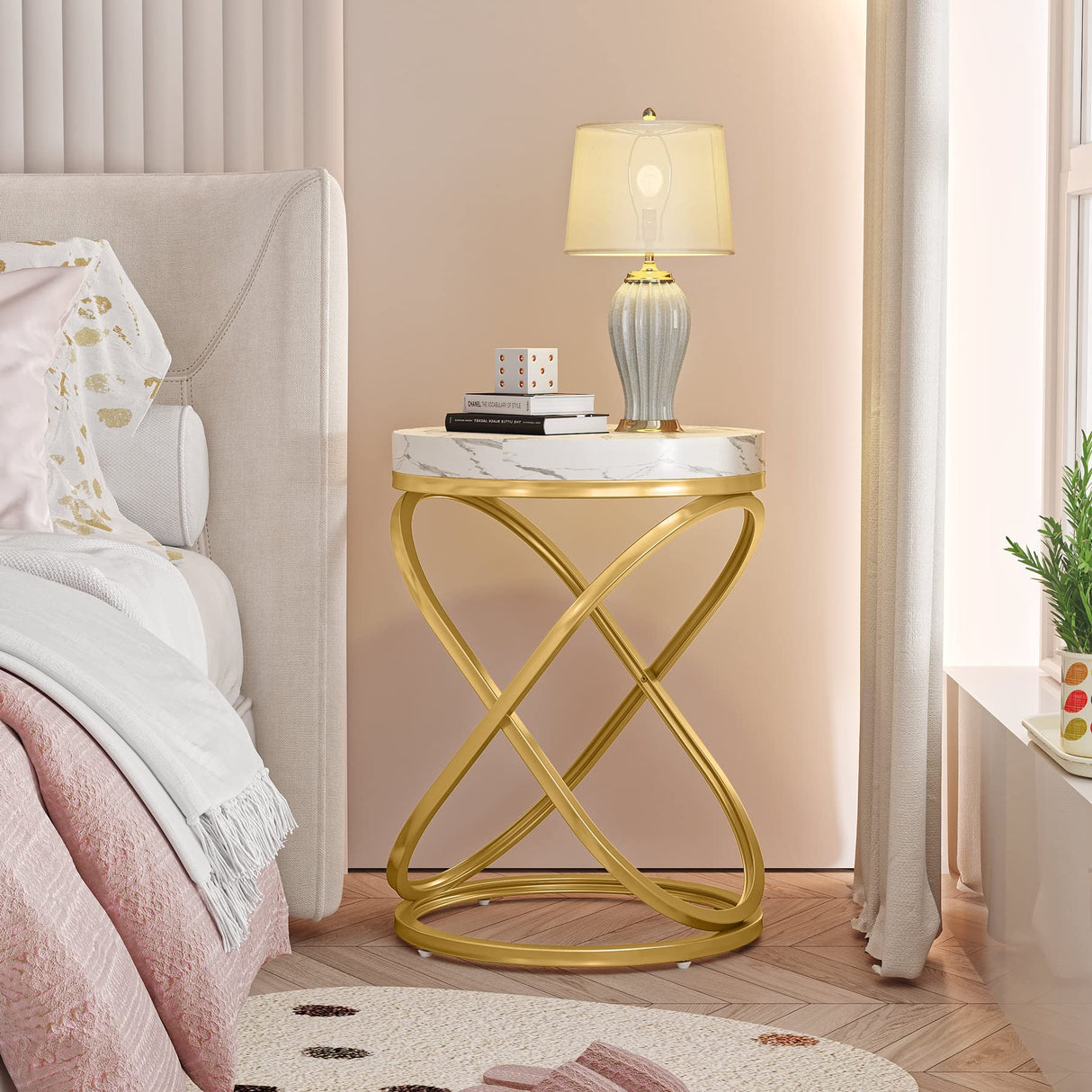 Tribesigns 26 Inches White and Gold Faux Marble Top End Tables Living Room, Round Nightstands Sofa Side Table with Double X-Shaped Ring Unique Design for Bedroom Tribesigns